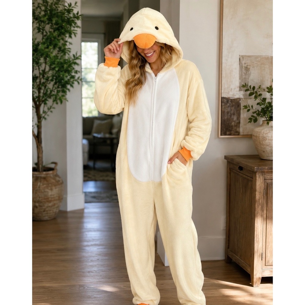 Silver Lilly Duck Adult Pajamas Plush Fleece Animal Jumpsuit Costume Yellow XL